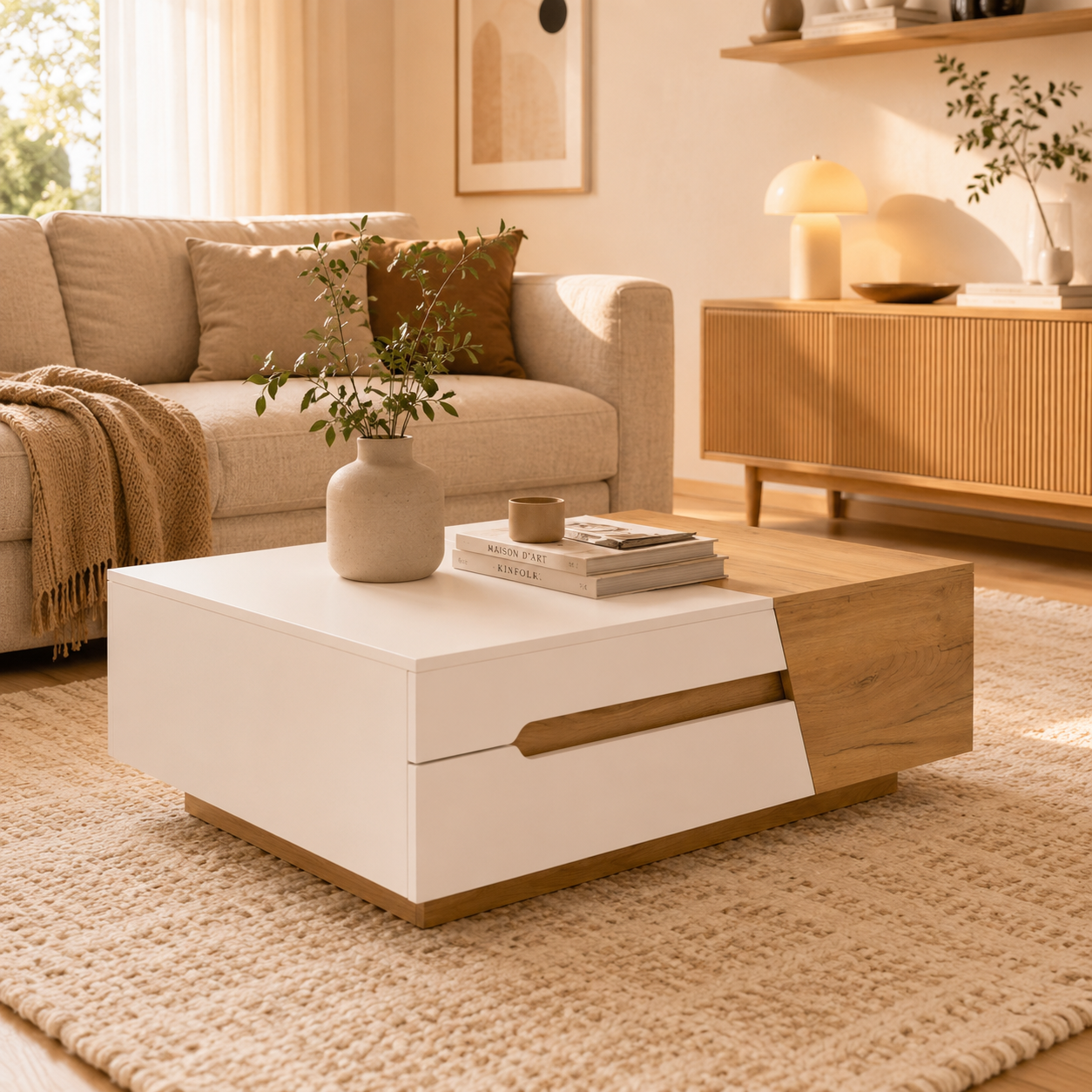 Oria – Table Basse Moderne avec Rangements Cachés en Bois Clair & Blanc