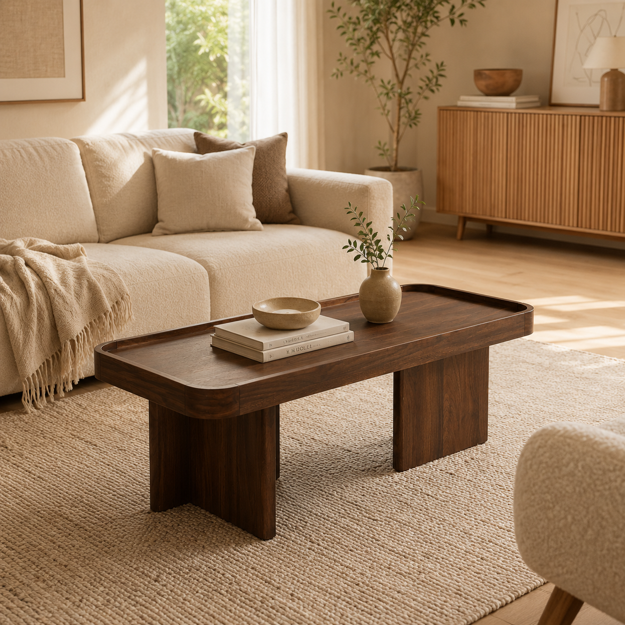 Milo – Table Basse Rectangulaire Effet Noyer à Plateau Rebordé – 100 cm