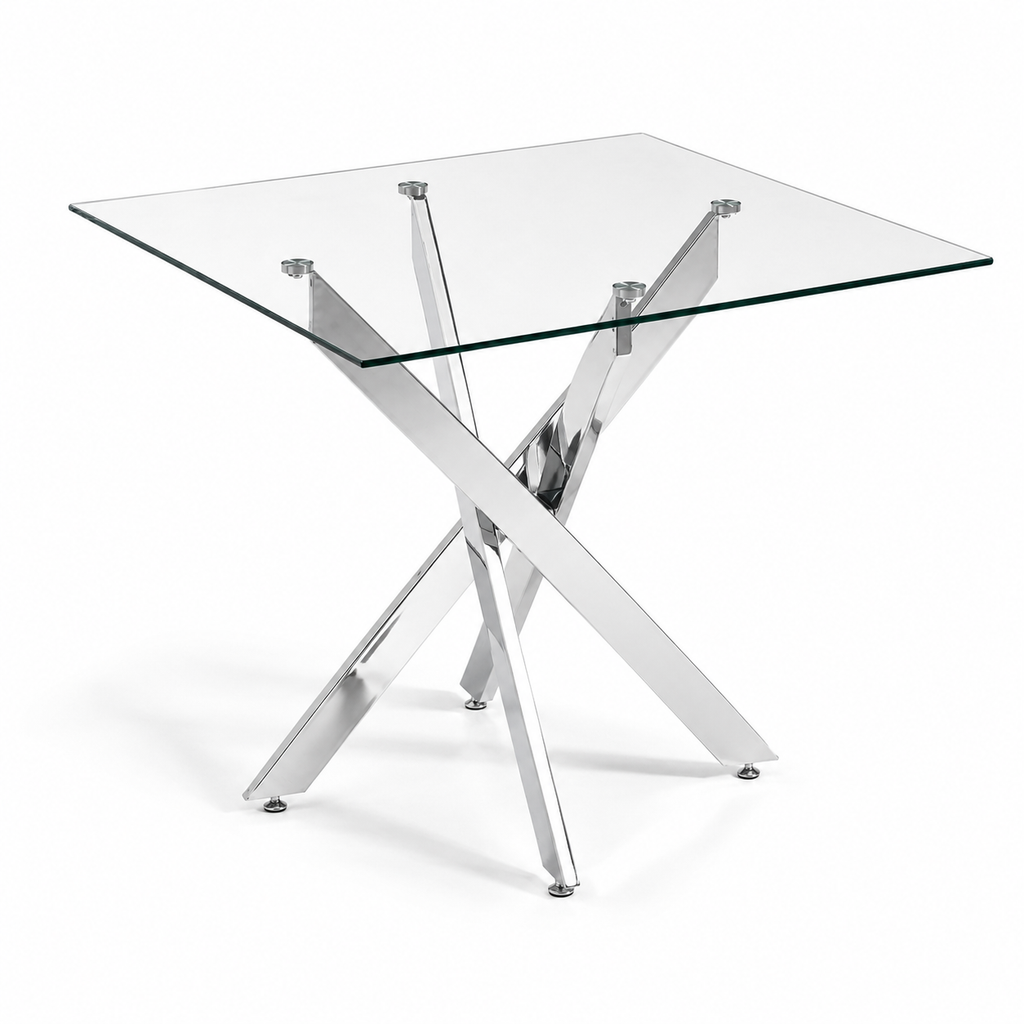 Vetra – Table à Manger Carrée Verre Trempé & Pieds Chromés 80*80*75cm