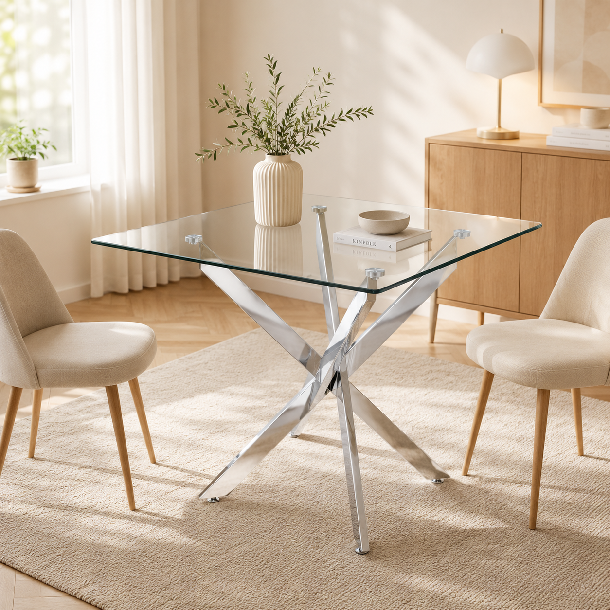 Vetra – Table à Manger Carrée Verre Trempé & Pieds Chromés 80*80*75cm