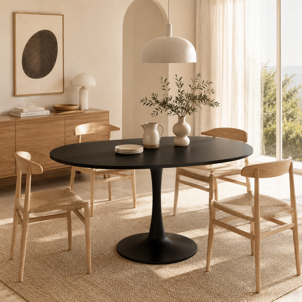 Sora – Table à Manger Ovale Extensible 4–6 Personnes Noir 100/140*100*75cm