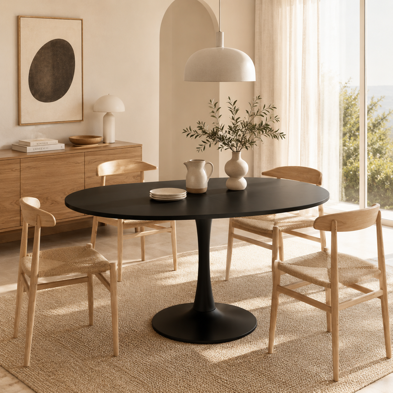 Sora – Table à Manger Ovale Extensible 4–6 Personnes Noir 100/140*100*75cm