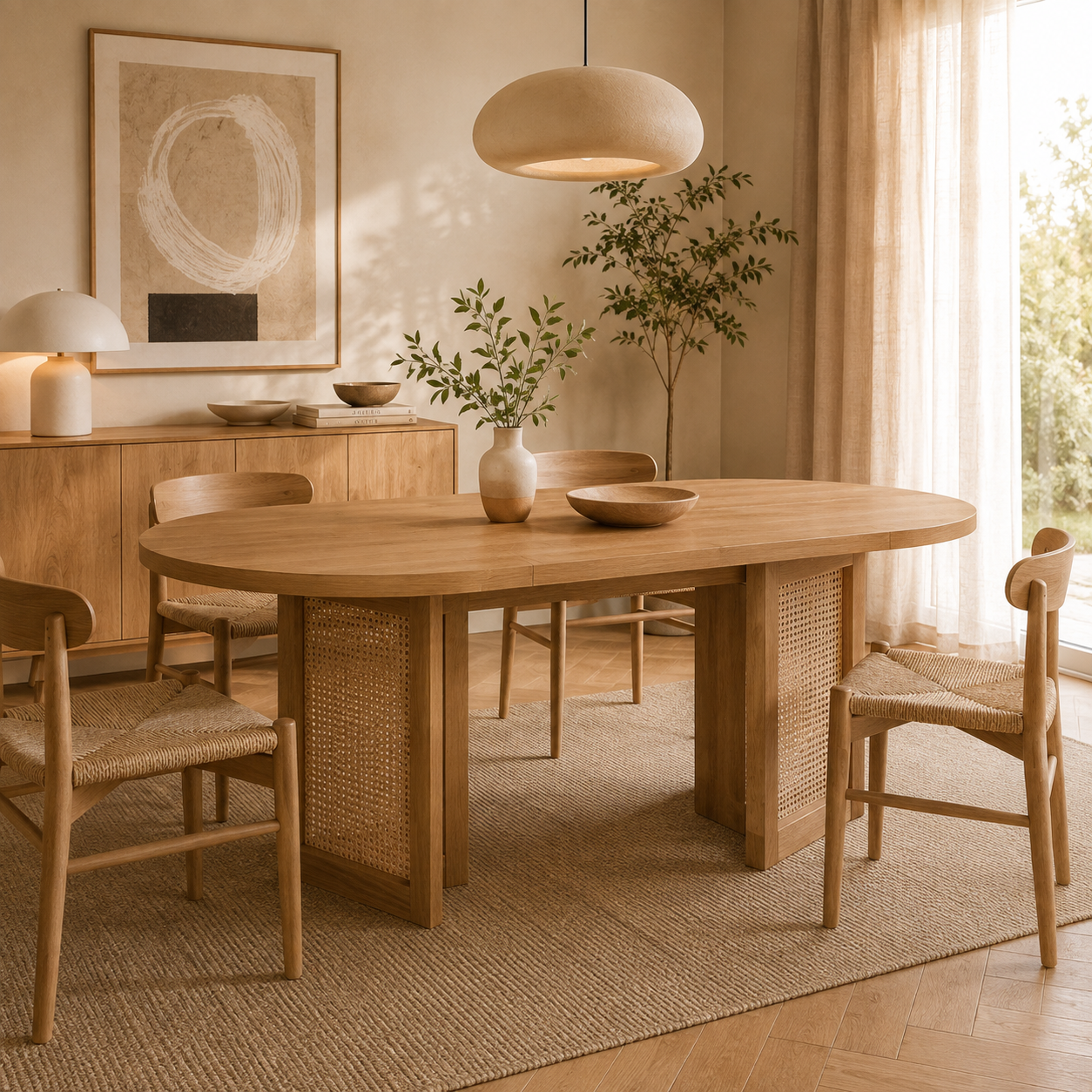 Sora – Table à Manger Ovale Extensible 6–8 Personnes en Chêne & Rotin 150/200*90*75cm