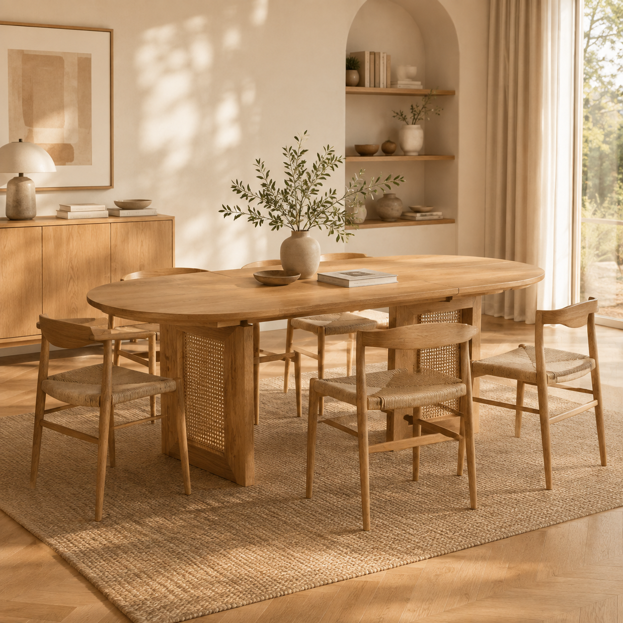 Sora – Table à Manger Ovale Extensible 6–8 Personnes en Chêne & Rotin 150/200*90*75cm