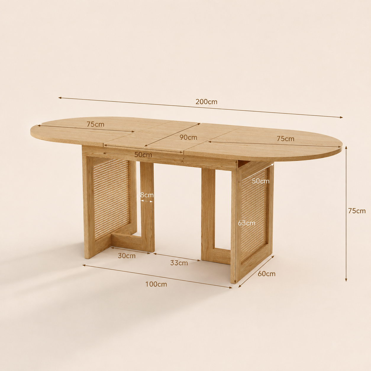 Sora – Table à Manger Ovale Extensible 6–8 Personnes en Chêne & Rotin 150/200*90*75cm