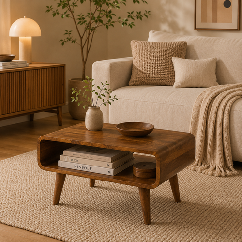 Arvo – Table d’Appoint Scandinave en Bois Massif avec Rangement Ouvert