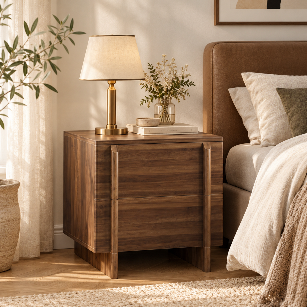 Noma – Table de Chevet en Bois Effet Noyer à 2 Tiroirs – 48 cm