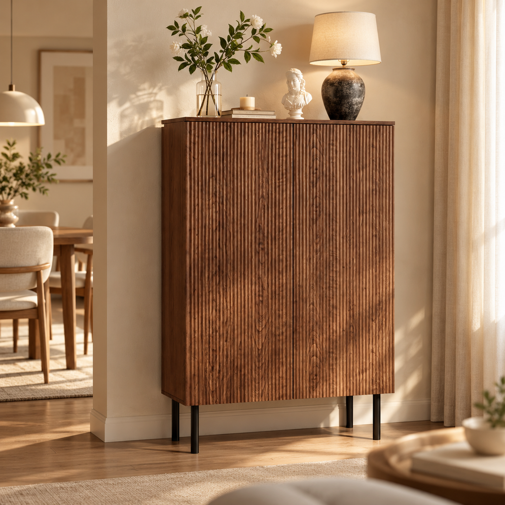 Vetra – Buffet Haut Vitrine en Bois Noyer avec LED & Portes Striées – 80 cm