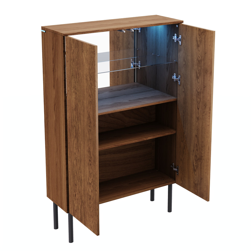 Vetra – Buffet Haut Vitrine en Bois Noyer avec LED & Portes Striées – 80 cm