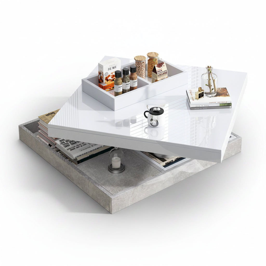 Oria – Table Basse Marbre Gris Pivotante avec Rangement