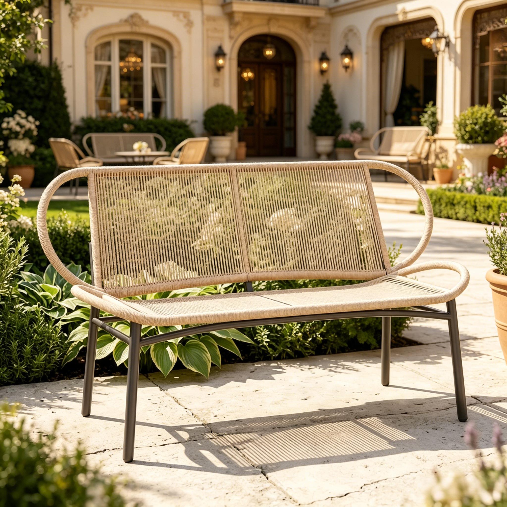Liora – 2-Seater Braided Rope & Metal Garden Bench – Contemporary Outdoor Style